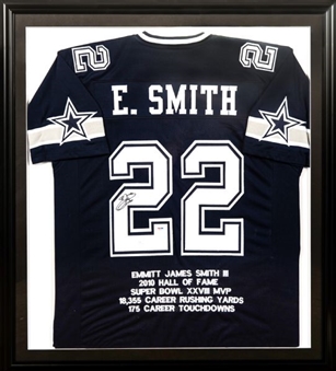 Emmitt Smith Signed Dallas Cowboys Jersey in 34 ½ x 38 ½-inch Framed Display